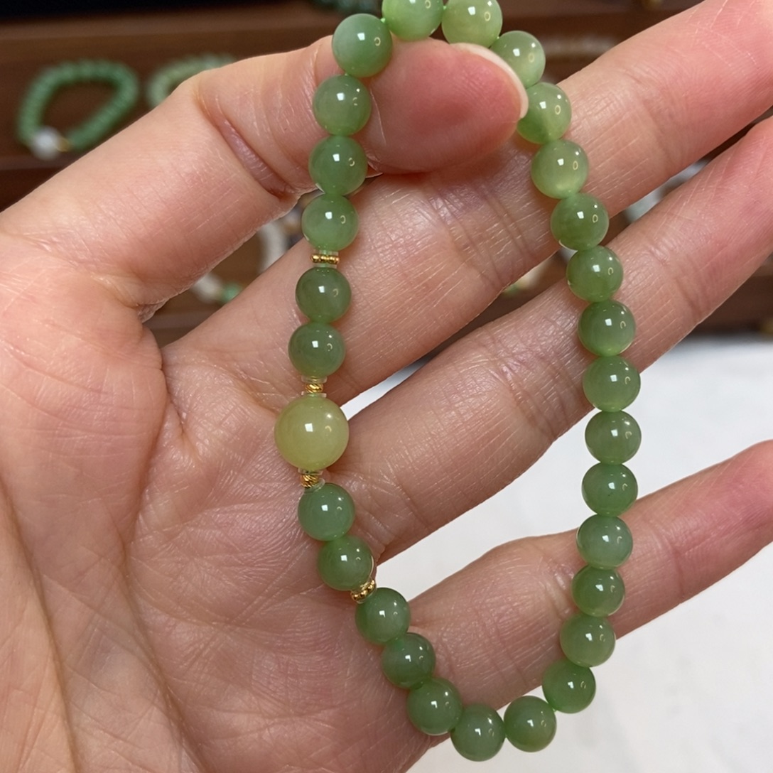 和田玉18K金镶嵌手链6mm黑阳洞碧玉