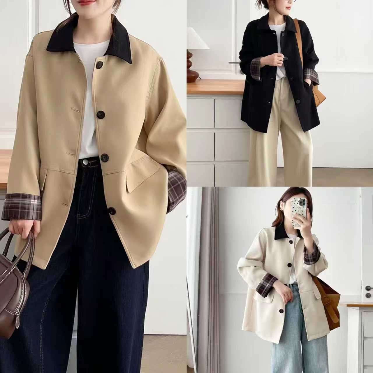 100-200斤大码女装胖mm秋款通勤百搭格子拼接中长款风衣外套2562