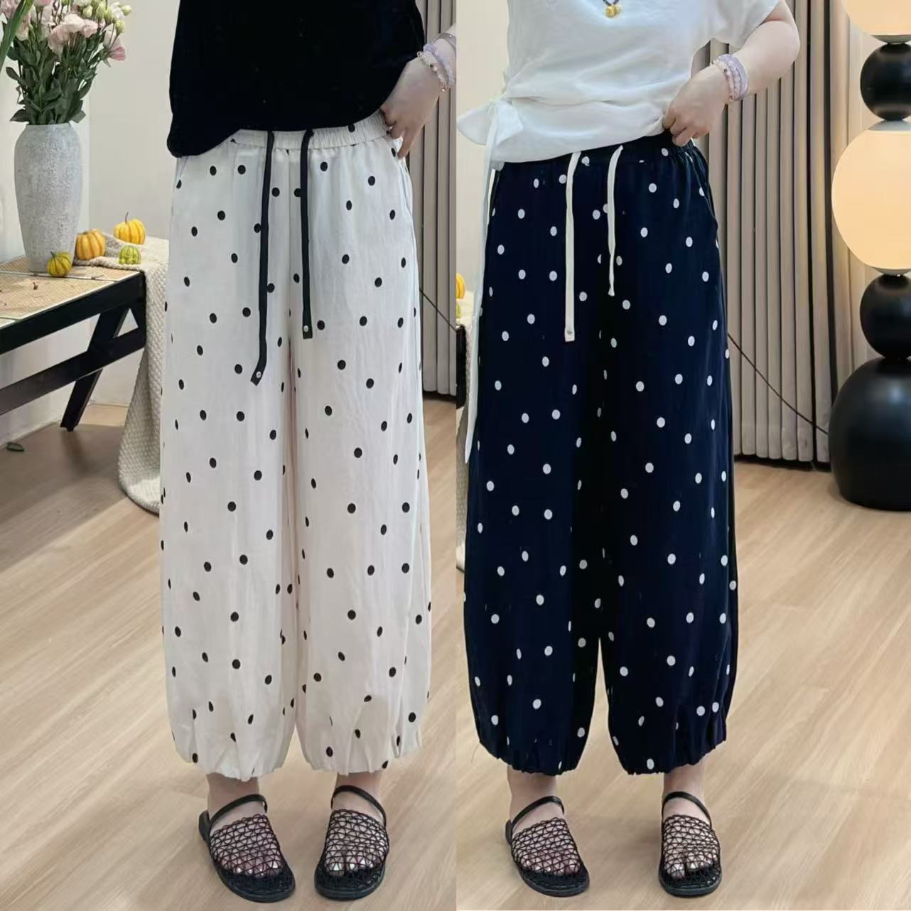  8096-波点亚麻松紧腰显瘦灯笼裤