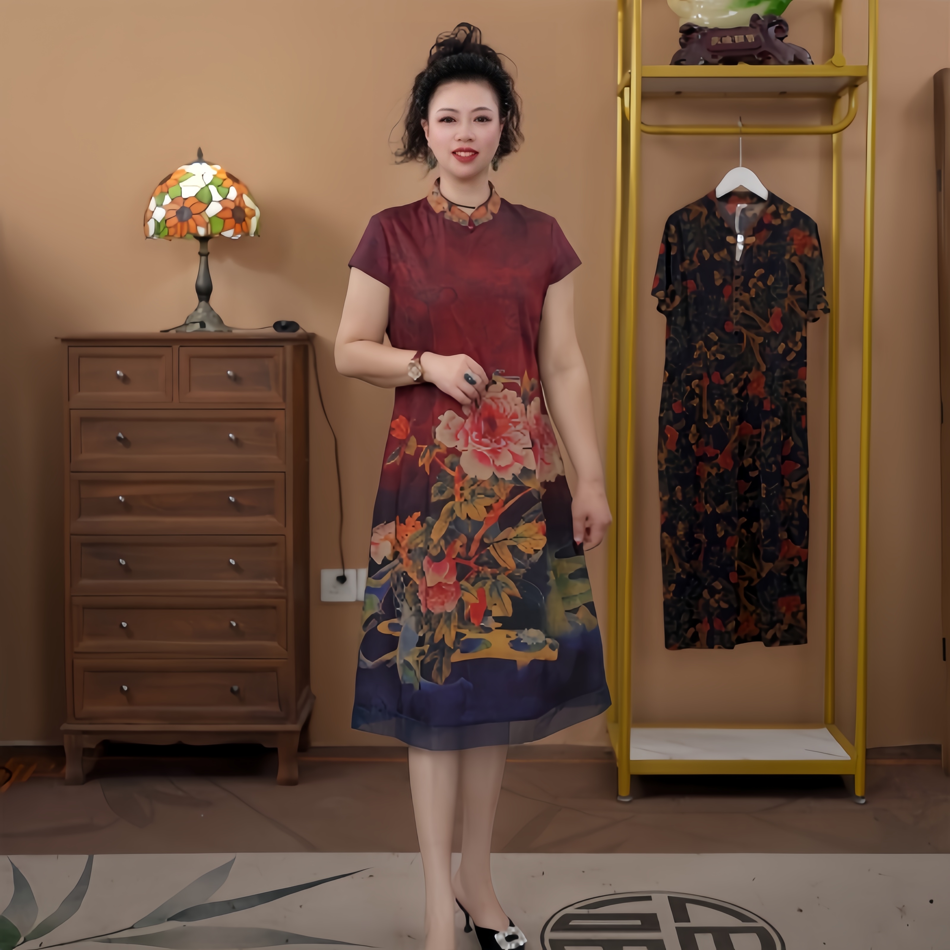 52063  新中式复古气质提花连衣裙夏季国风刺绣领夏季印花连衣裙