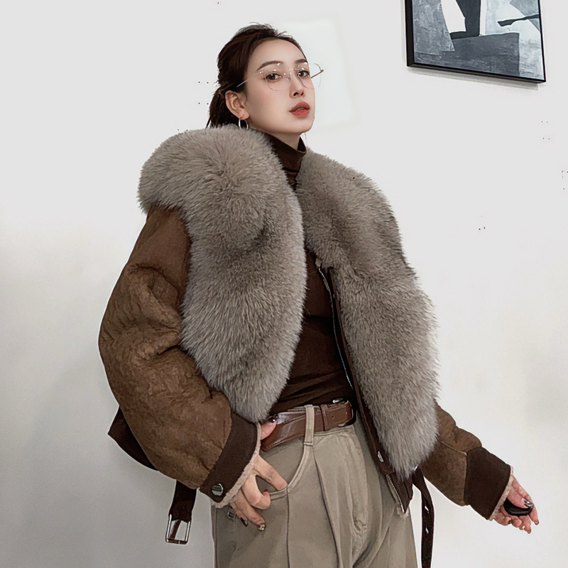 2025冬新款皮毛一体外套女短款狐狸毛领天然皮草系带皮草贵气外套