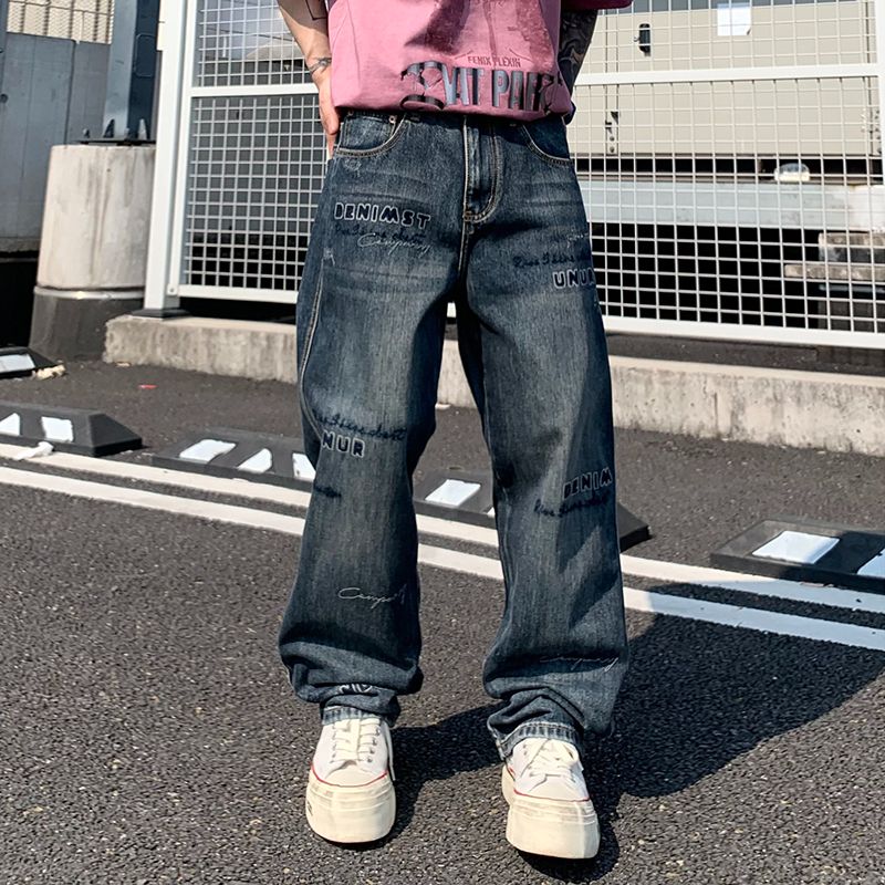 春夏新款刺绣印花复古水洗牛仔裤男潮牌高级感直筒牛仔裤基础百搭