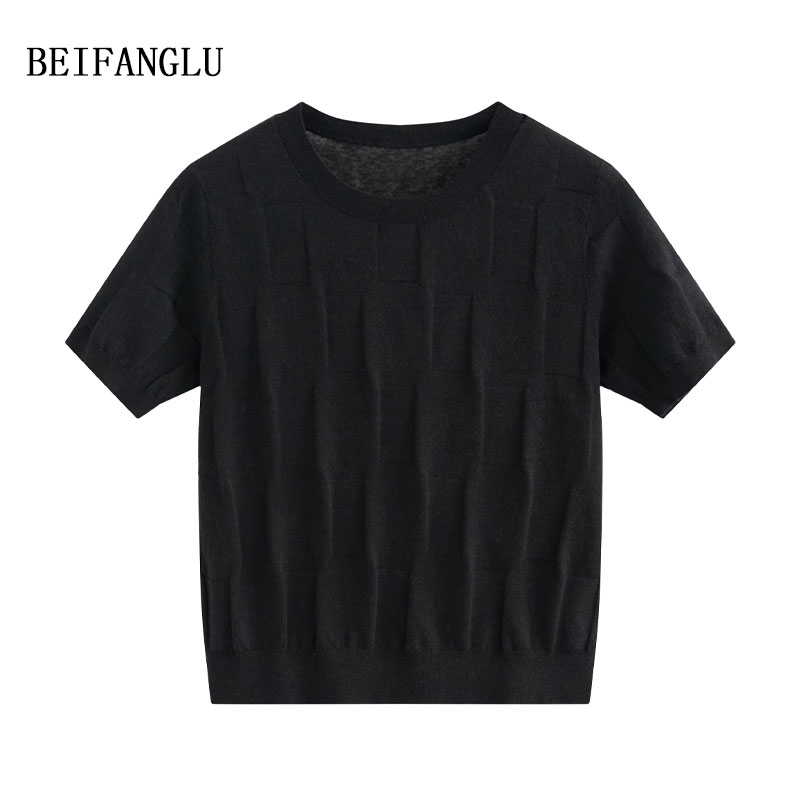 北方鹿【亚麻棉针织】春夏气质肌理感提花纯色百搭圆领针织短袖1511