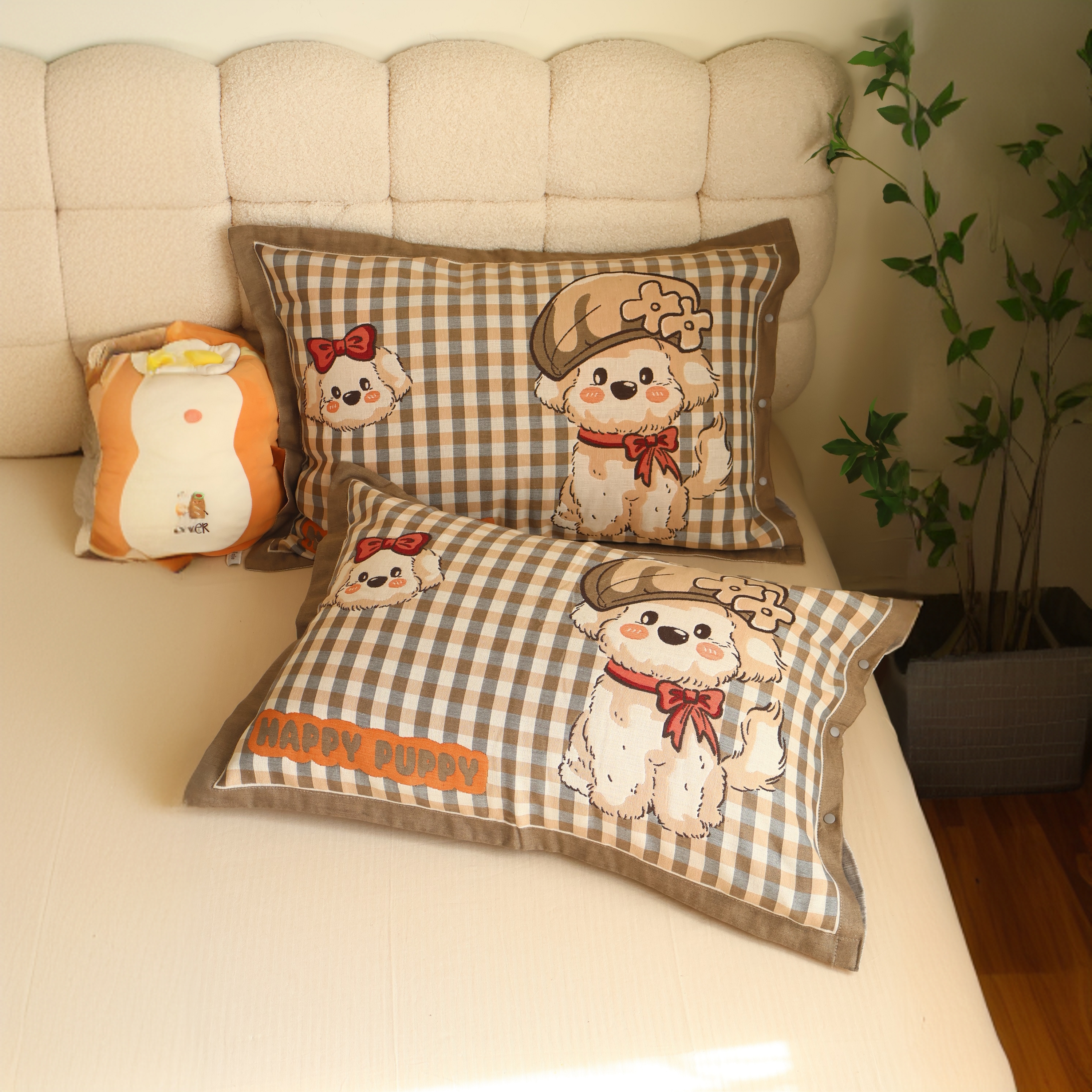 【全棉枕套】全棉四层纱枕套一对装纯棉纽扣款枕套可爱卡通