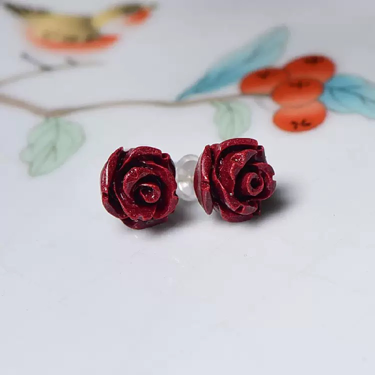 含辰砂工艺品高含量紫金砂玫瑰花耳钉银针小号