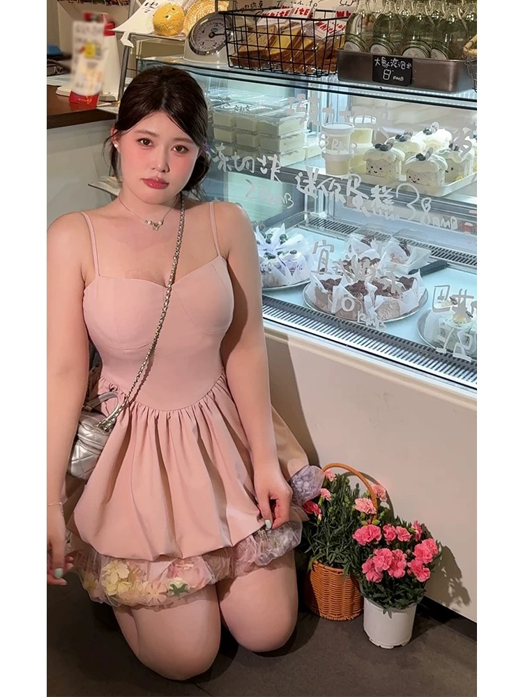 【文文酱】花神降临 纯欲风甜美胖mm显瘦吊带花苞裙