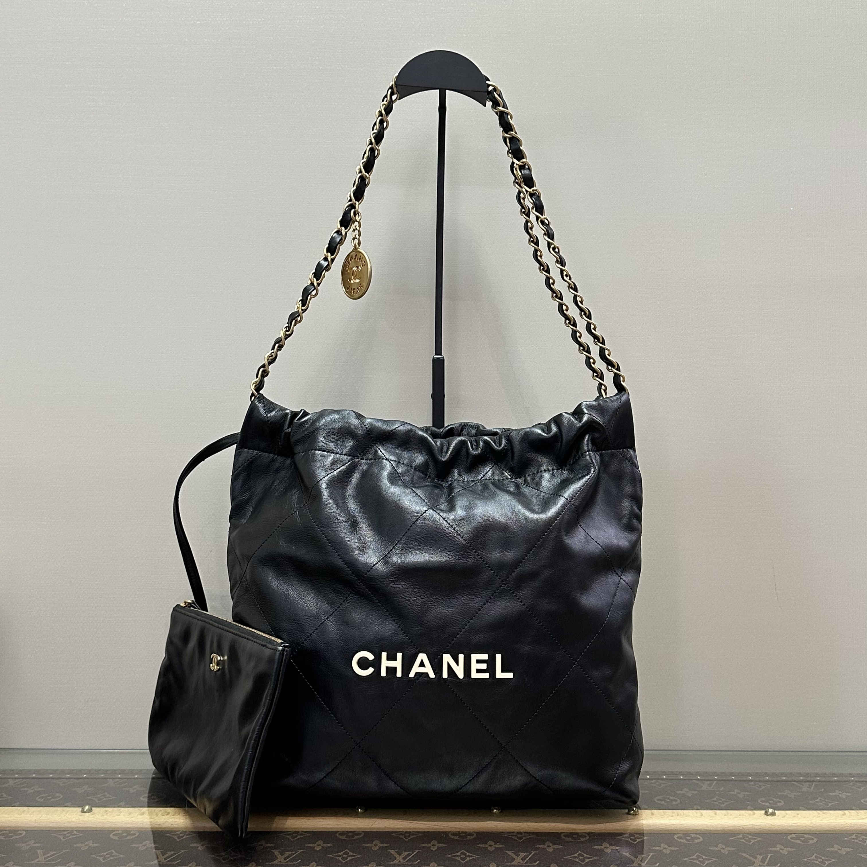 95新 Chanel/香奈儿 黑金白字小号22bag子母垃圾袋 40942