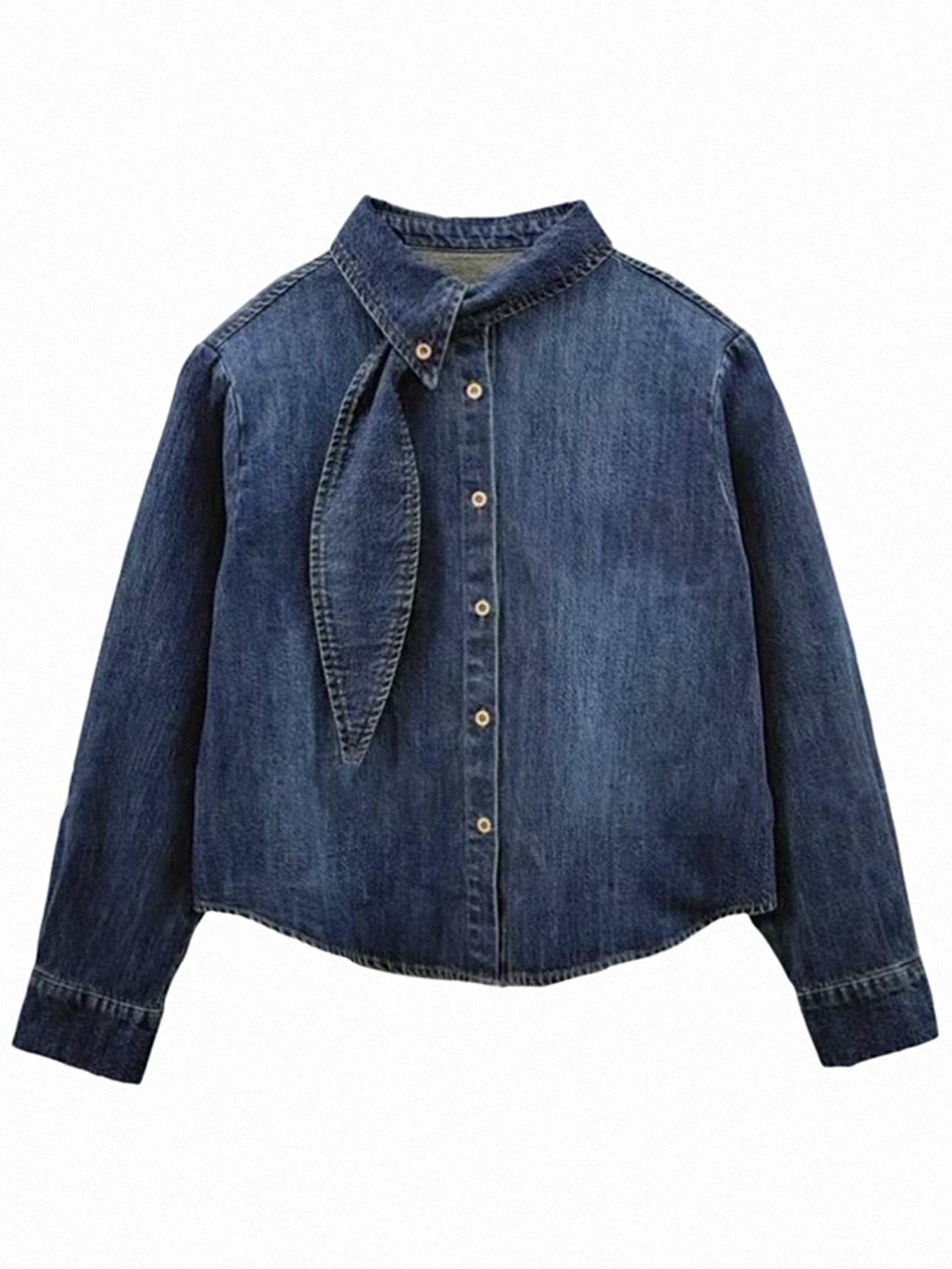 欧货复古飘带磨毛牛仔衬衫女2025冬季时尚高级感洋气减龄飘带上衣