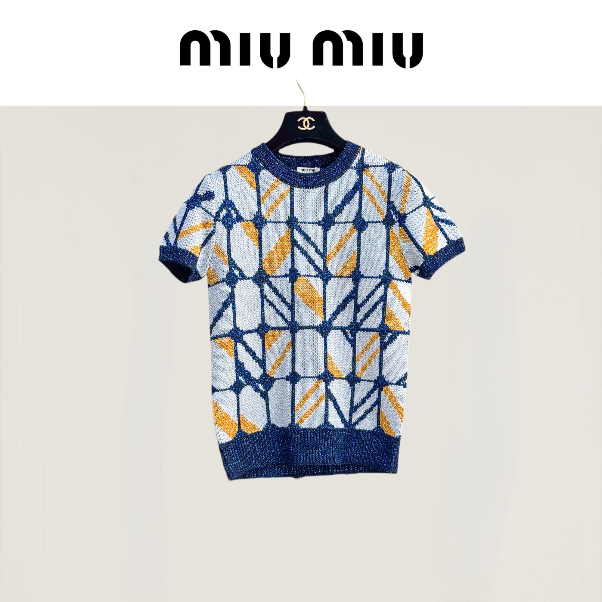 99新 MIU MIU/缪缪 40码 蓝色拼橙色 亮丝 短袖 针织 上衣