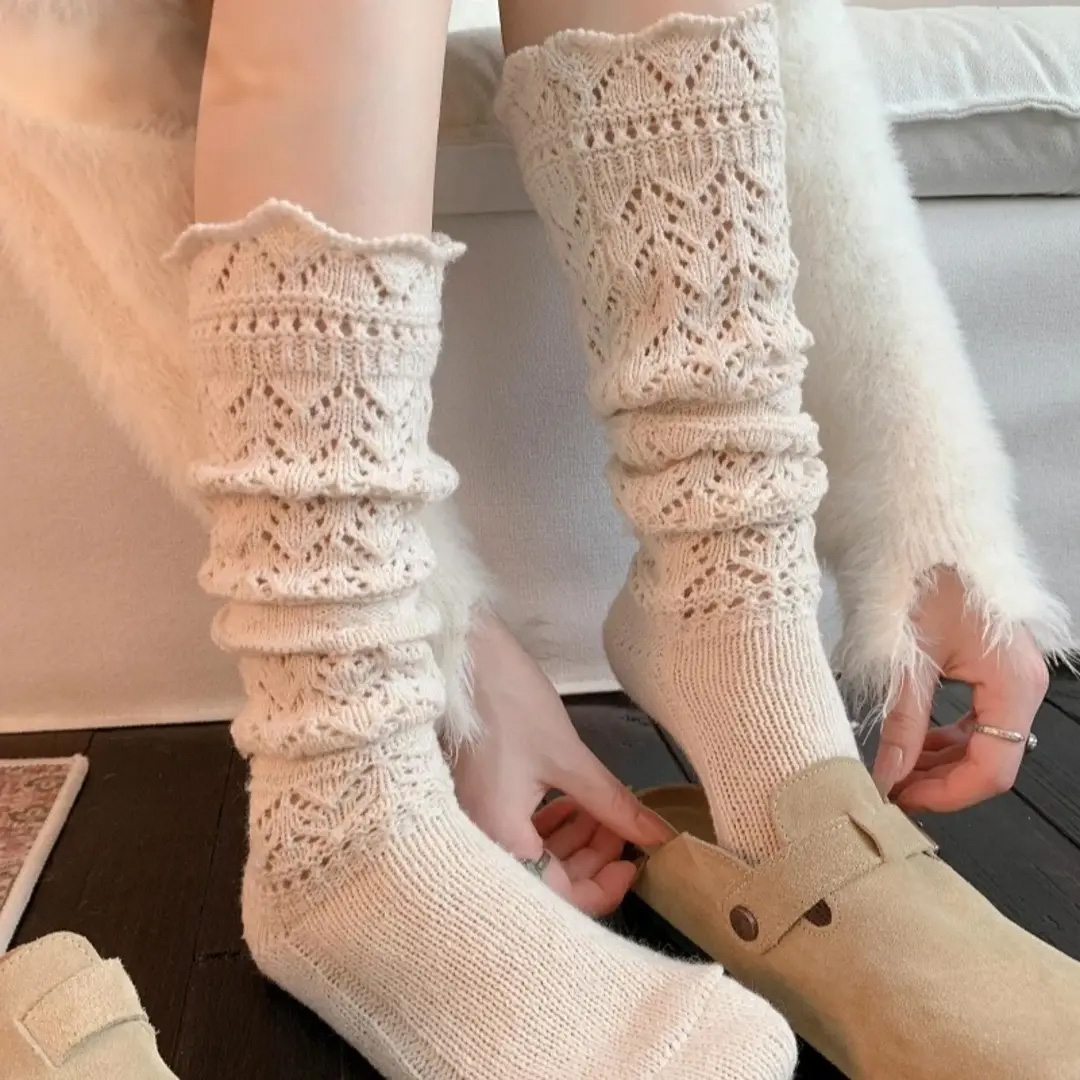 【高品质】穿搭感镂空羊毛针织花型甜美网眼女针织镂空小腿堆堆袜