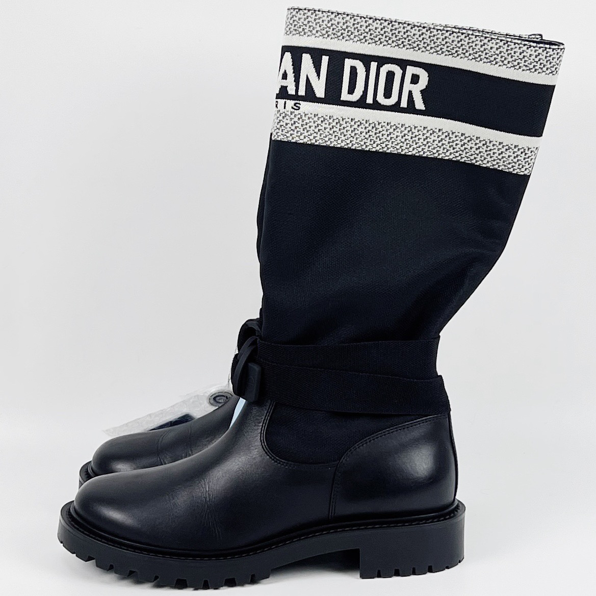 95新 DIOR/迪奥 37.5码 黑色刺绣拼接骑士靴 lm3761