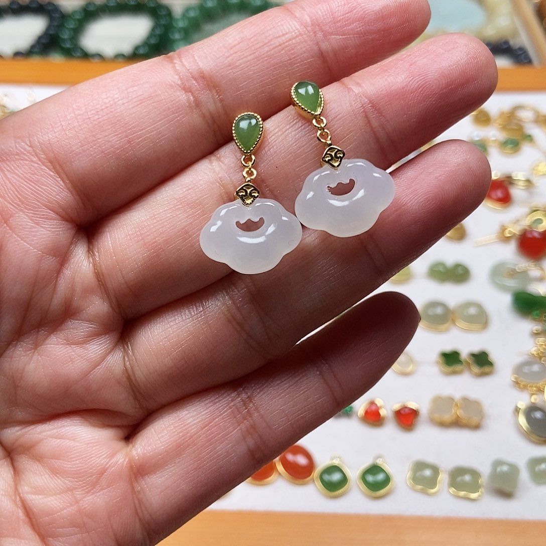 和田玉耳饰银S925镶嵌