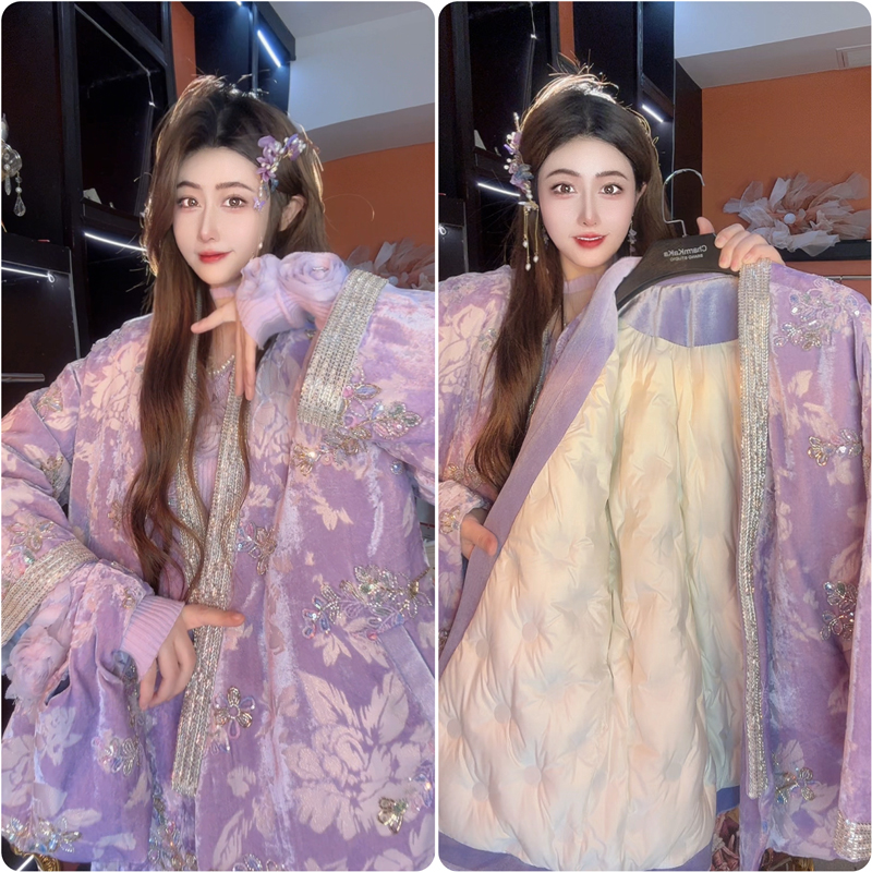 【青灯萤书】63848重工刺绣花朵国风羽绒服外套大码MM上衣