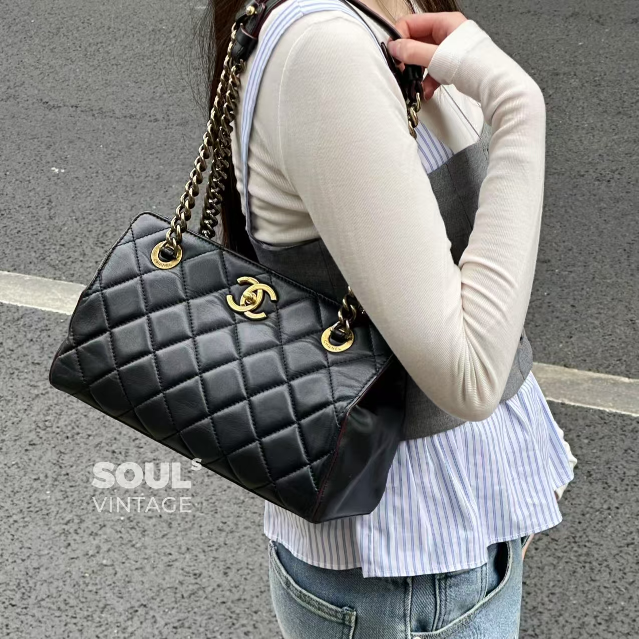 95新 Chanel/香奈儿 Chanel黑金 牛皮 牛奶盒子托特包/644915086