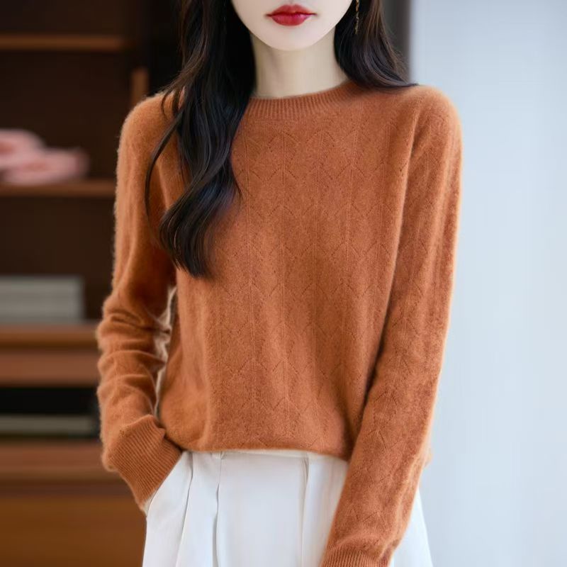 100%羊毛衫女一线成衣贝壳纹针织衫圆领镂空打底衫洋气秋冬季毛衣