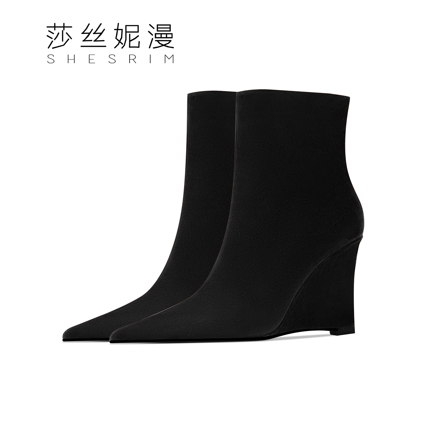666-2025年尖头坡跟女短靴不累脚高跟靴百搭时装靴女靴绒里
