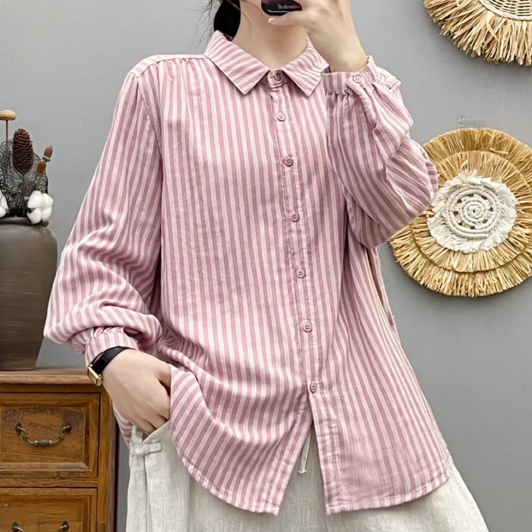 秋季双层棉纱竖条纹宽松显瘦长袖尖领女士衬衫上衣春秋休闲百搭