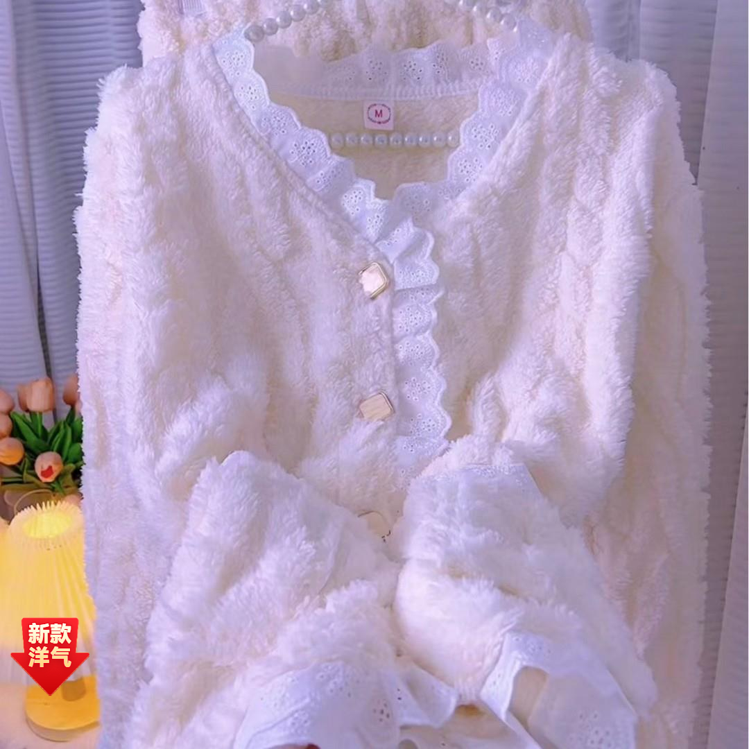 秋冬季女士法兰绒睡衣长袖加厚保暖珊瑚绒长毛绒可爱家居服套装