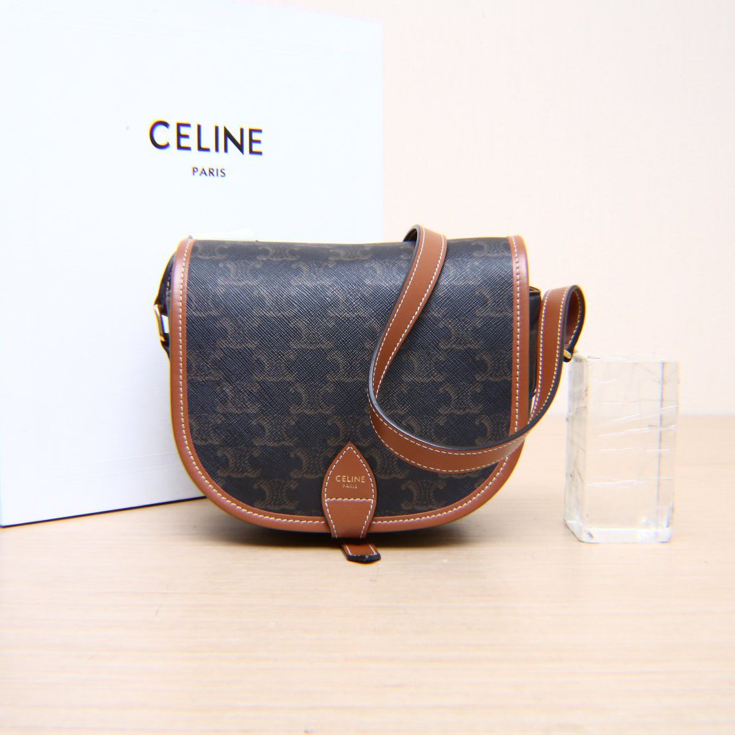 99新 Celine/思琳 小花柳Folco 马鞍包 中号 凯旋门印花 褐色 PVC