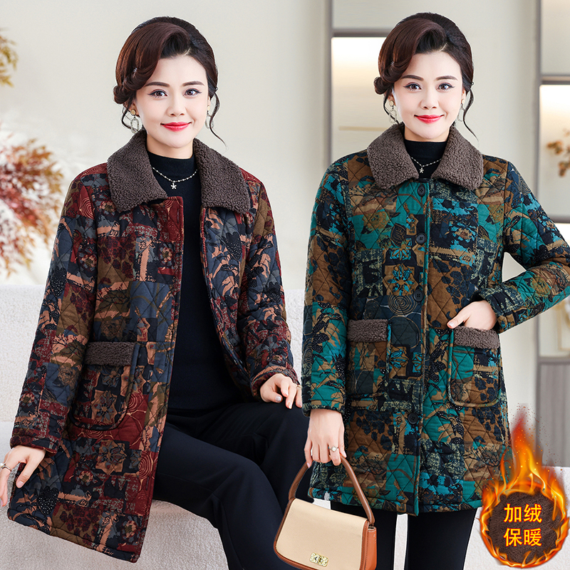 冬季女装中长款加绒加厚棉服保暖印花棉服棉衣外套时尚长款棉袄