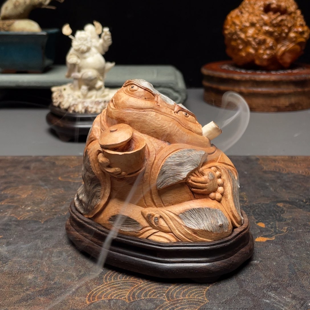 元***錒香榧木荔枝木金蟾香炉