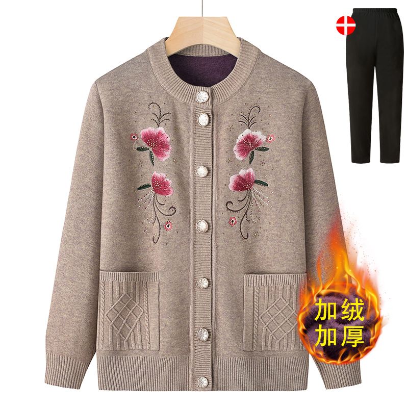 中老年人秋装奶奶毛衣加绒妈妈开衫秋冬外套保暖老太太老人衣服女