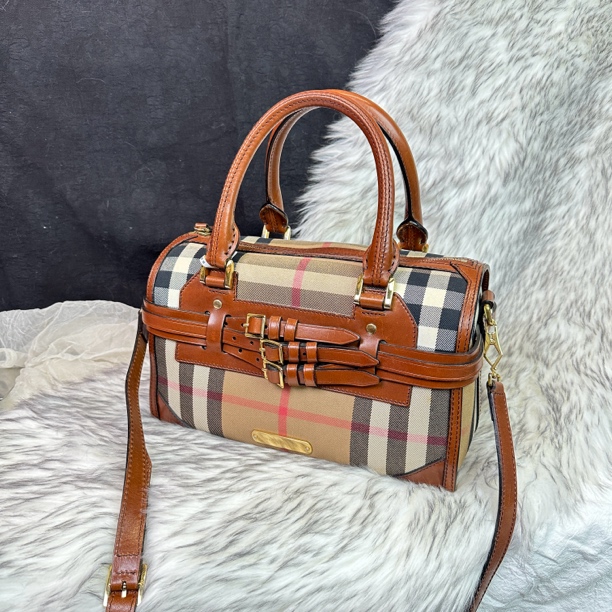 95新 BURBERRY/博柏利 格纹绑带波士顿手提斜挎包