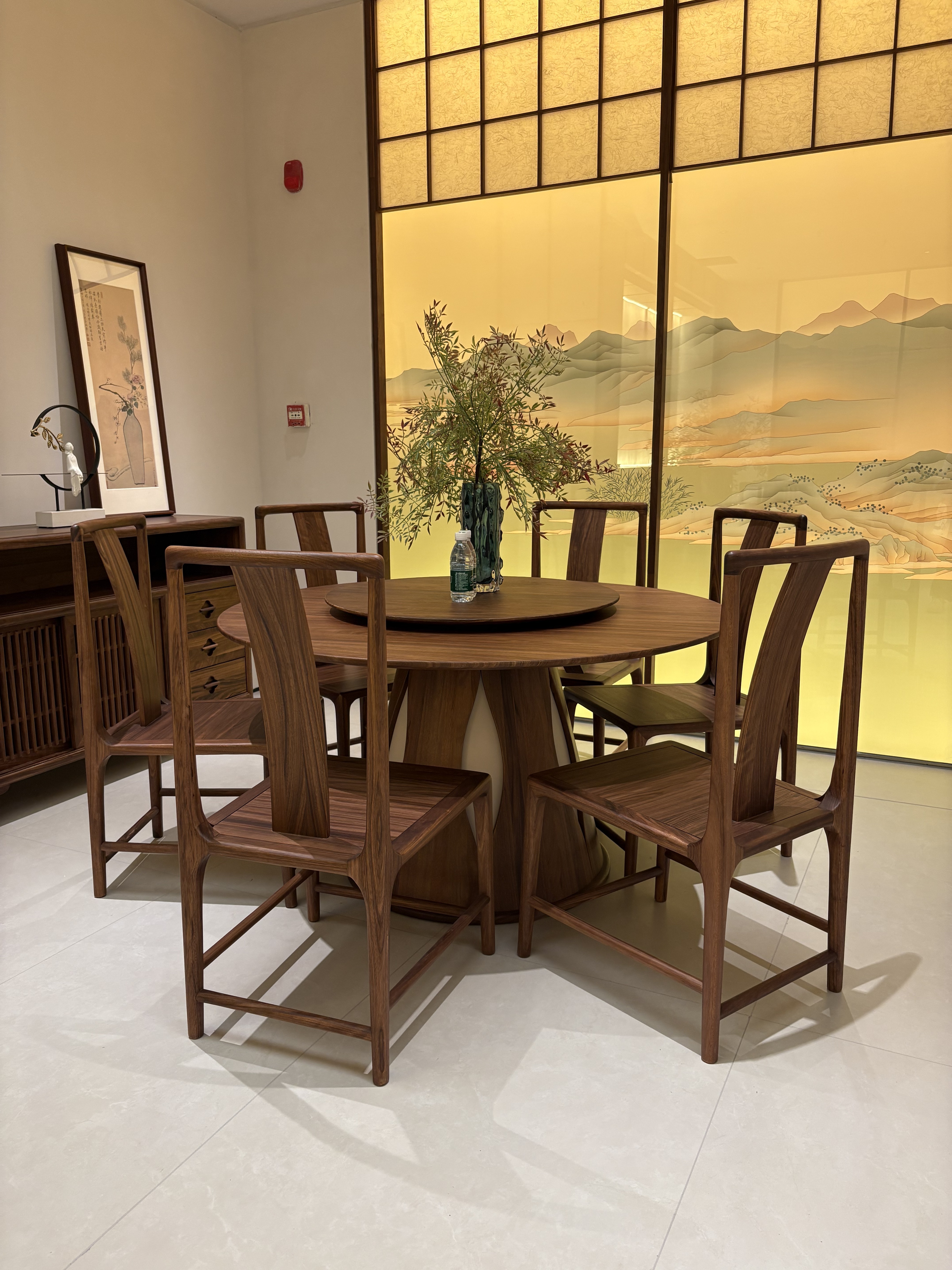 LS-05#圆餐桌宋式美学乌金木圆桌新中式实木圆形餐桌带转盘