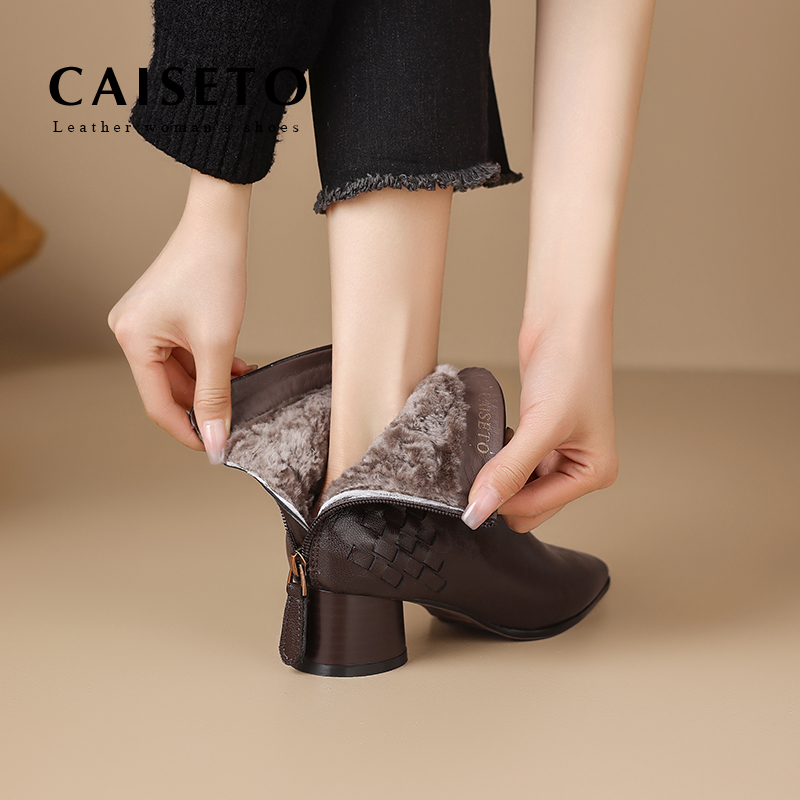 头层牛皮/4.5cm皮毛一体冬季新款方头粗跟大棉短靴女马丁靴5X288