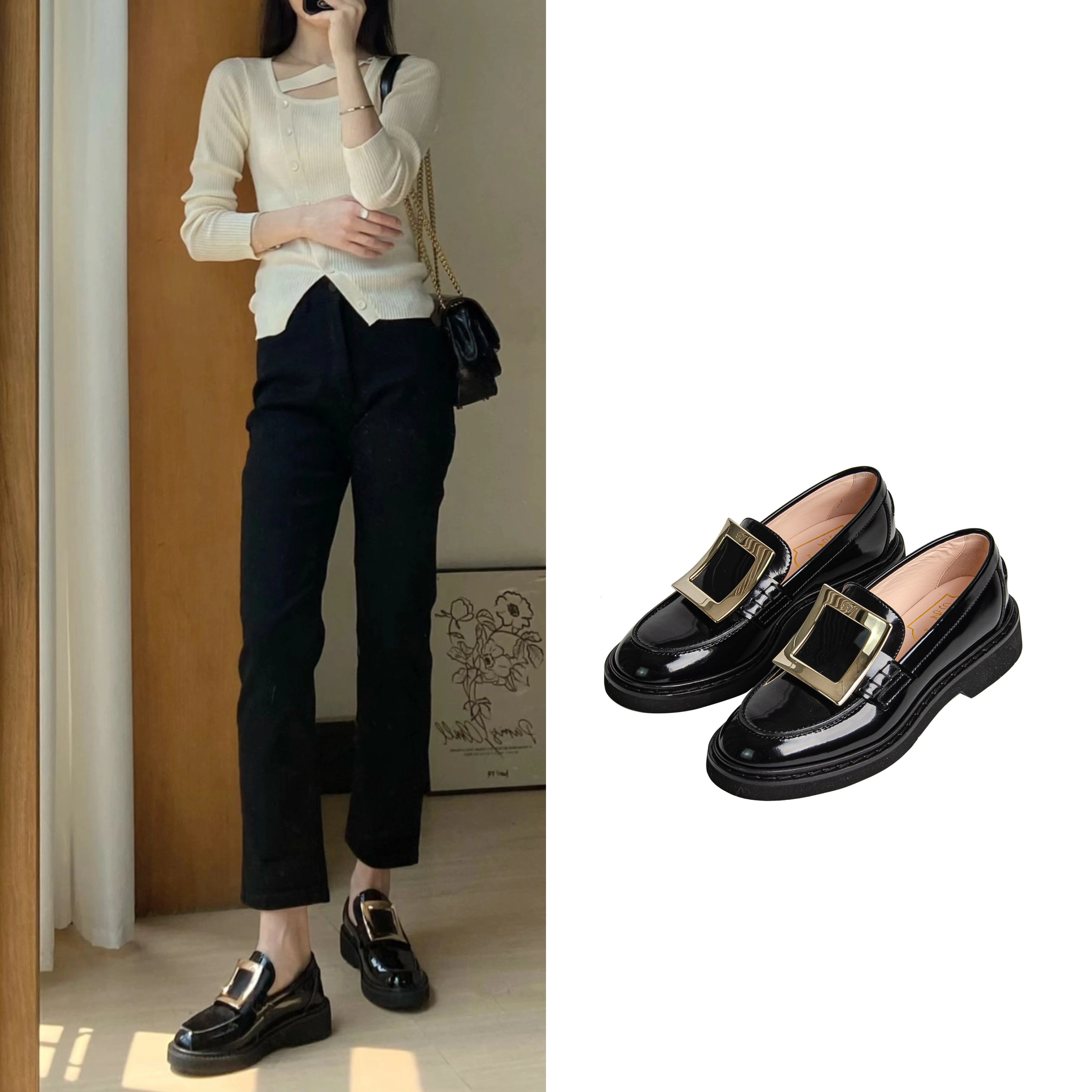99新 Roger Vivier/罗杰·维威耶 金属扣乐福平底鞋黑色35码R1607 