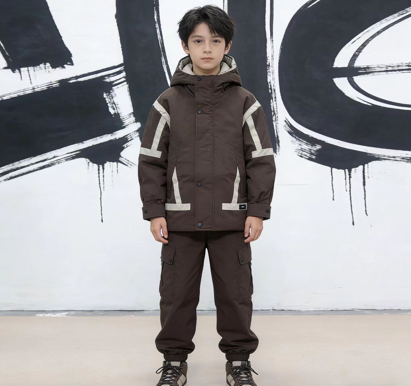 8481咖色儿童 连帽 棉服 扎染 保暖 中大童 外套宽松秋冬