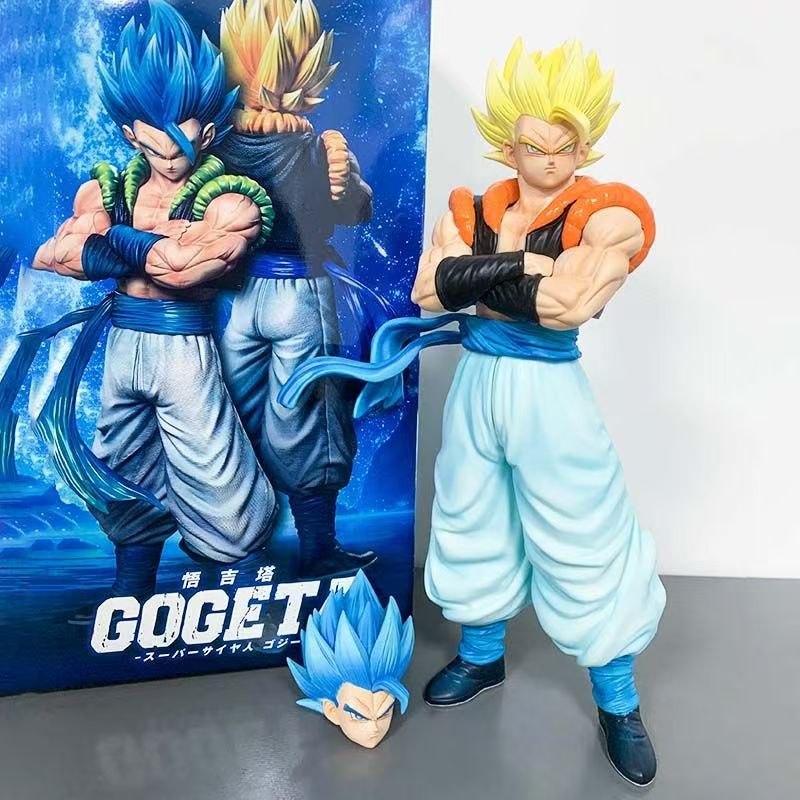 七龙珠双王抱胸悟吉塔手办 可换头赛亚人动漫 黄蓝发站姿模型雕像