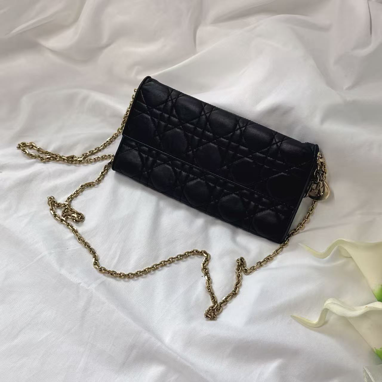 95新 DIOR/迪奥 黑色菱格纹链条包/95新