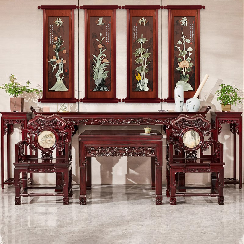 新中式梅兰竹菊装饰画客厅沙发背景墙实木高档大气玉石画玉雕挂画