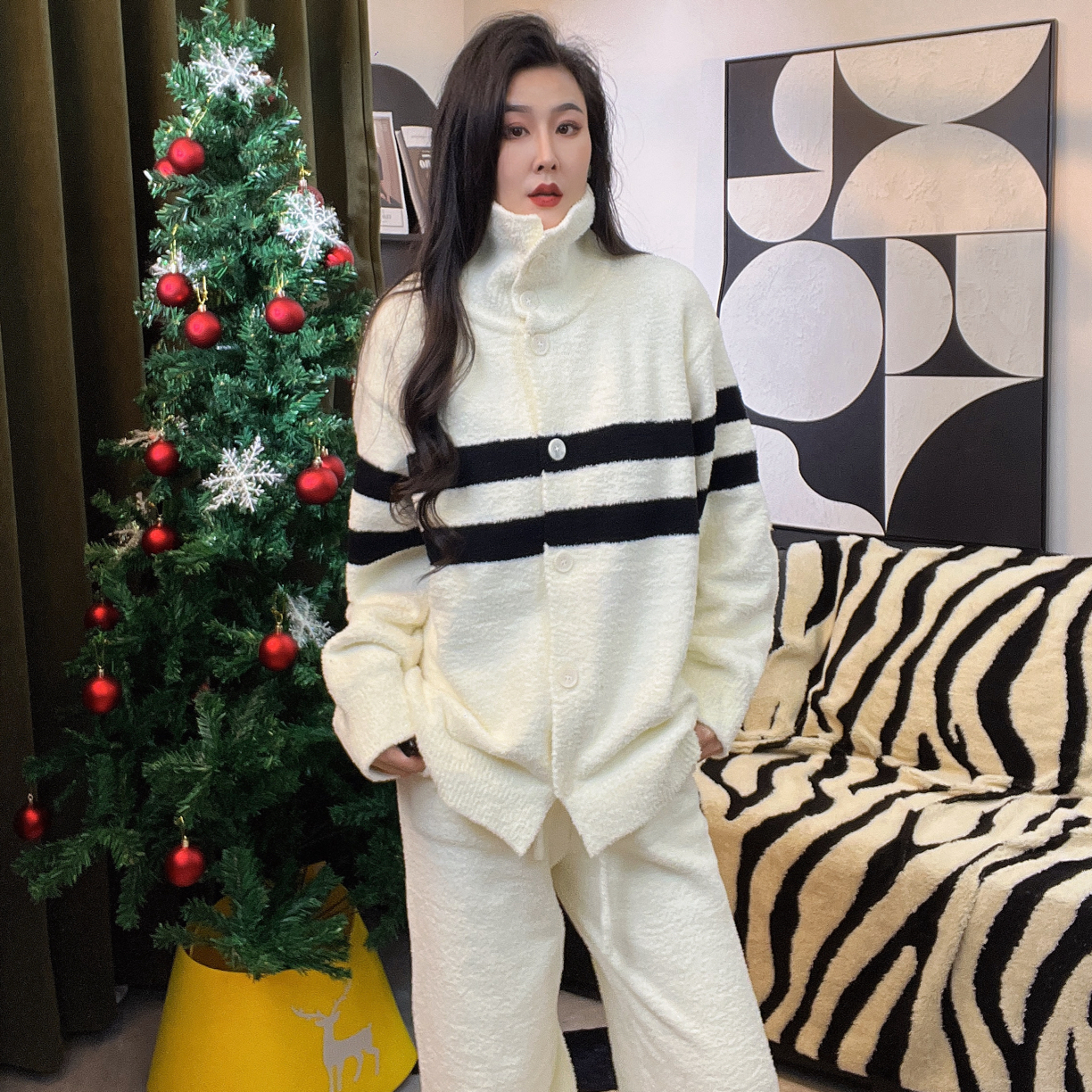 『乐乐』冬季情侣厚款条纹高领气质半边绒家居服开衫可外穿女士睡衣