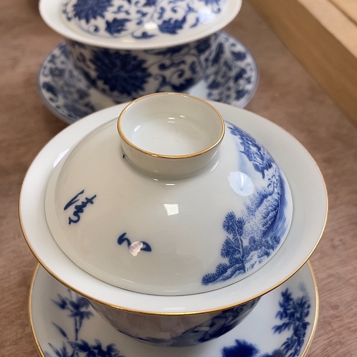 杯白瓷竹林七贤沉香盖碗微瑕