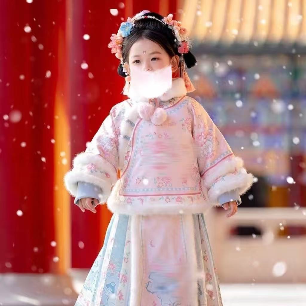 2025冬季新款女童加绒加厚拜年服两件套