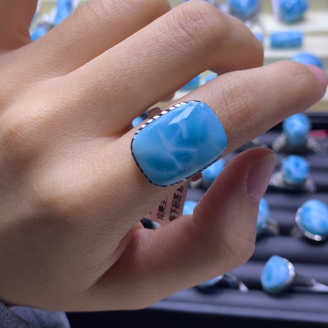 针钠钙石（海纹石）银S925镶嵌戒指方戒指色差略异