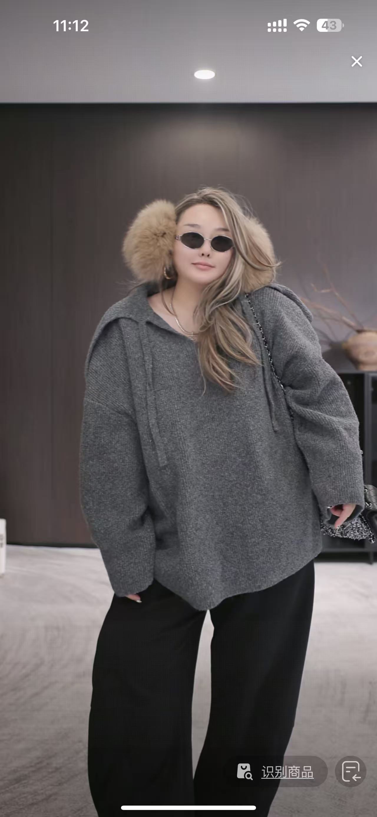 Three Ten. N大码260斤"慵懒冬日“休闲百搭翻领披肩灰针织毛衣