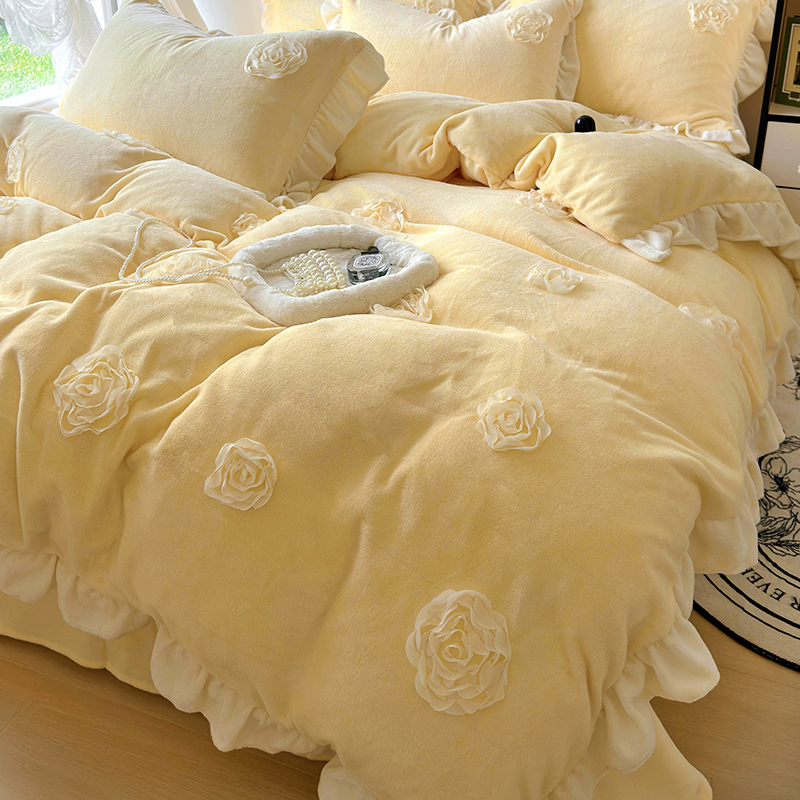 ins冬季加绒加厚牛奶绒四件套保暖小清新绣花床单被套少女心床品