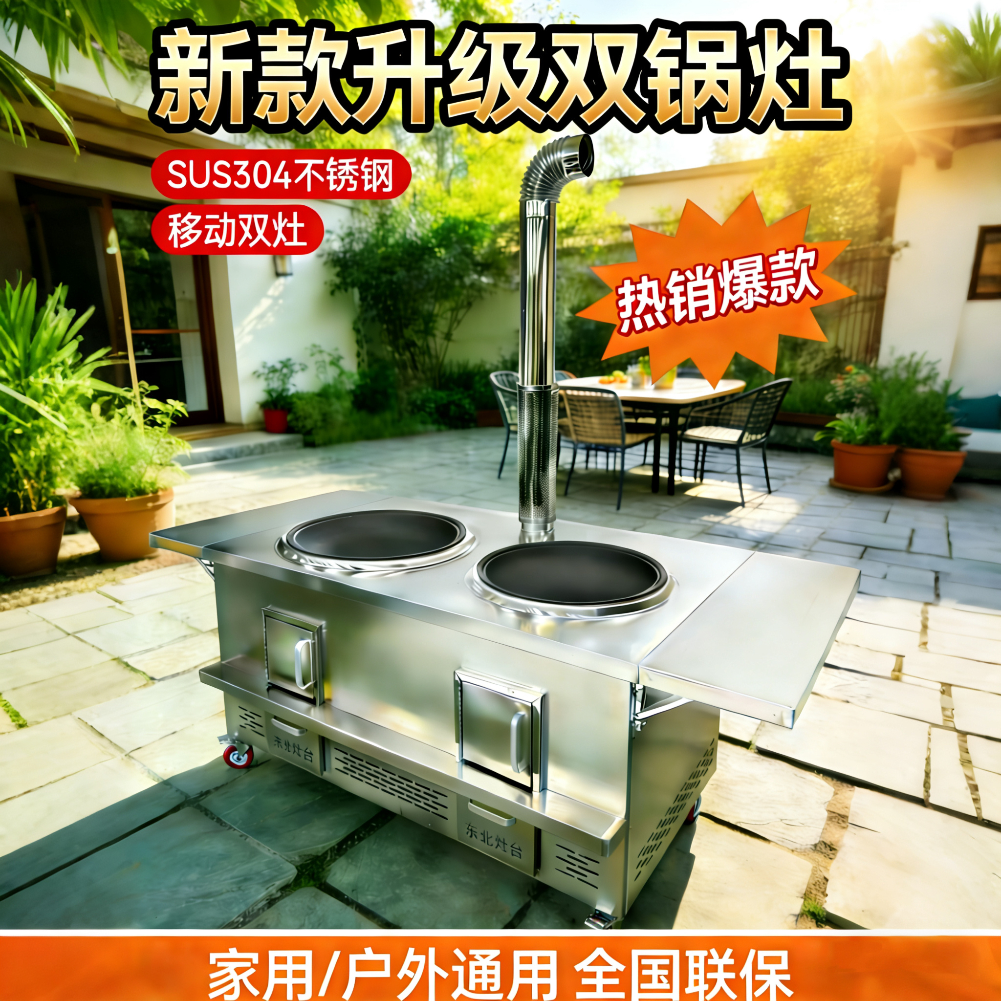 【小于哥】全新升级 双锅 不锈钢移动柴火灶家用户外室内农村大灶台