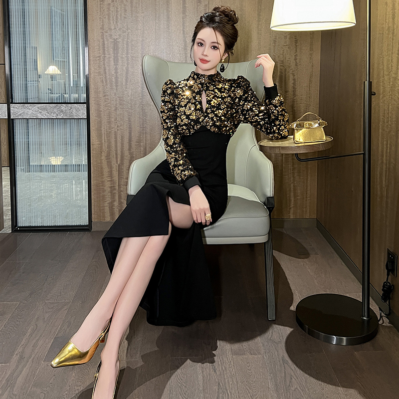 新款显瘦气质长袖黑色复古开叉修身名媛91447