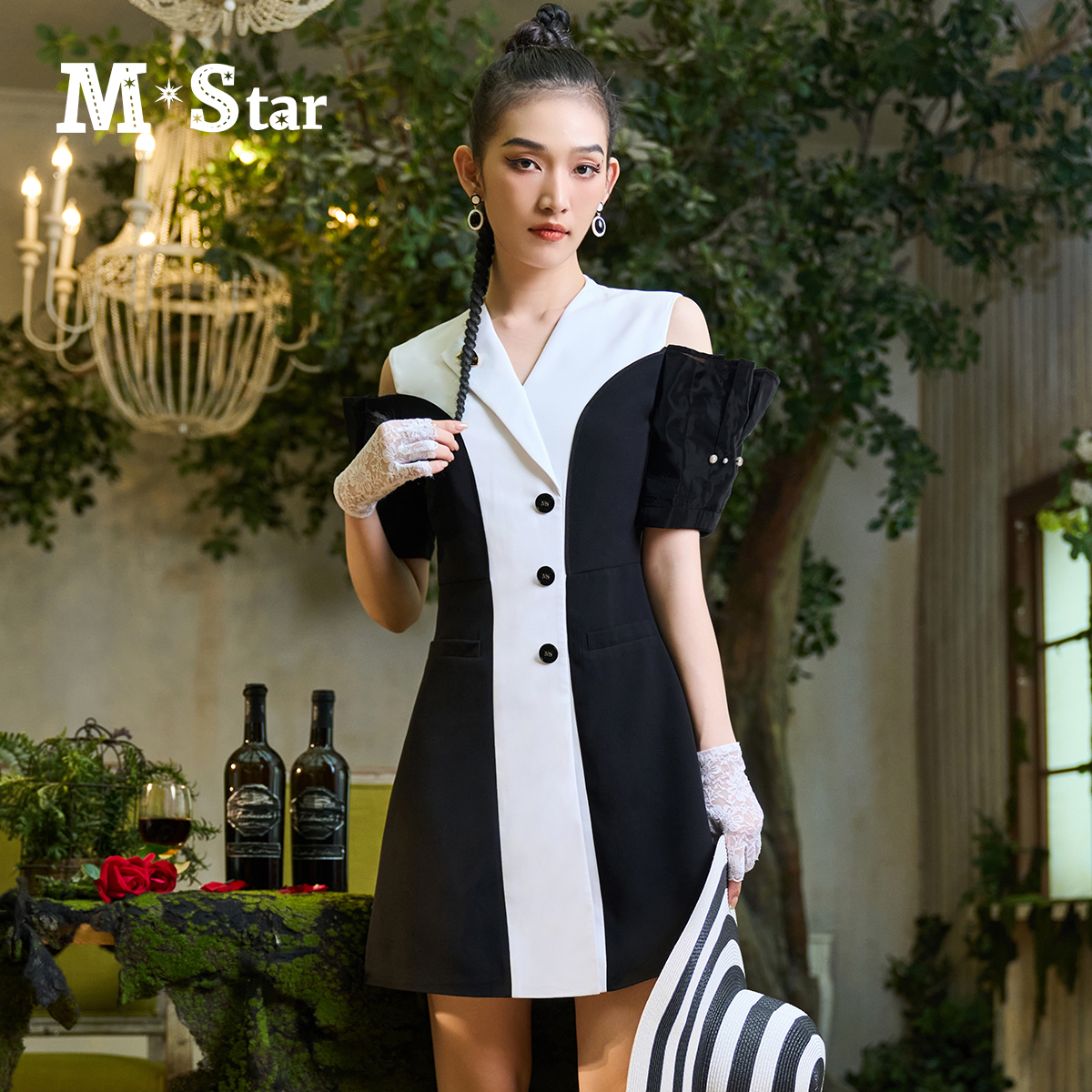 【林一专属】M-Star夏季法式黑白拼接露肩短款连衣裙SEBL122557