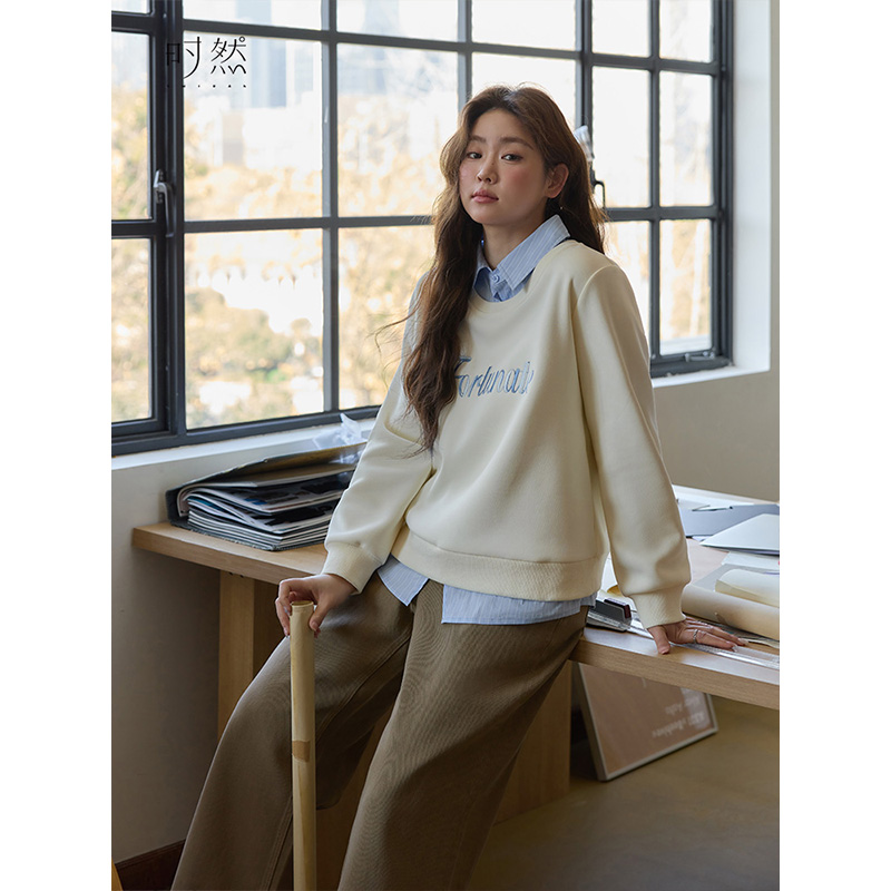 时然大码女装假两件卫衣秋冬款正肩字母长袖T恤休闲时尚显瘦上衣