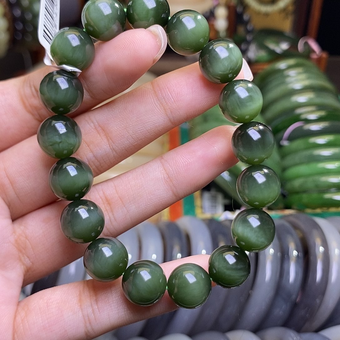 和田玉未镶嵌碧玉老矿黑猫眼冰底手串11,5mm