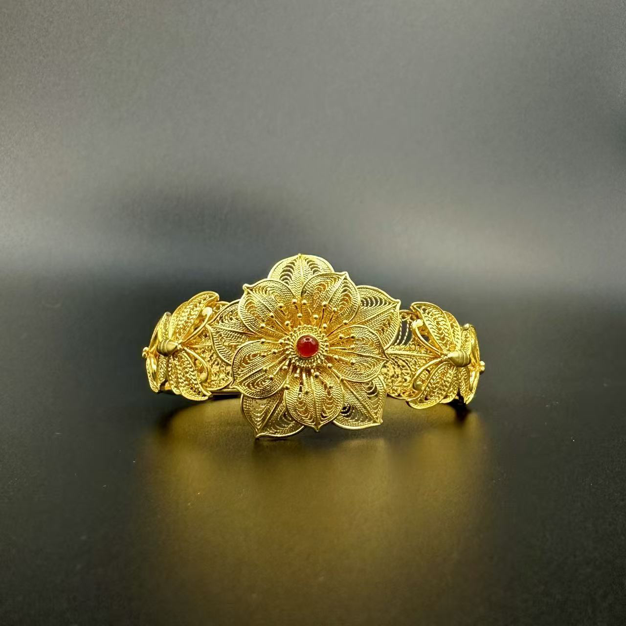 53.92g 古法足金手镯复古镶嵌手工国潮风