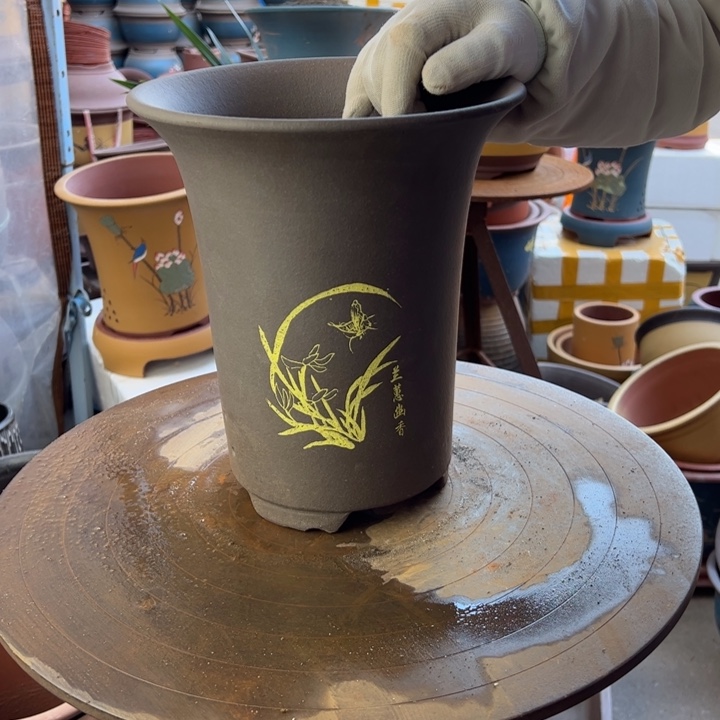 紫砂宜兴紫砂花盆印金兰花盆22