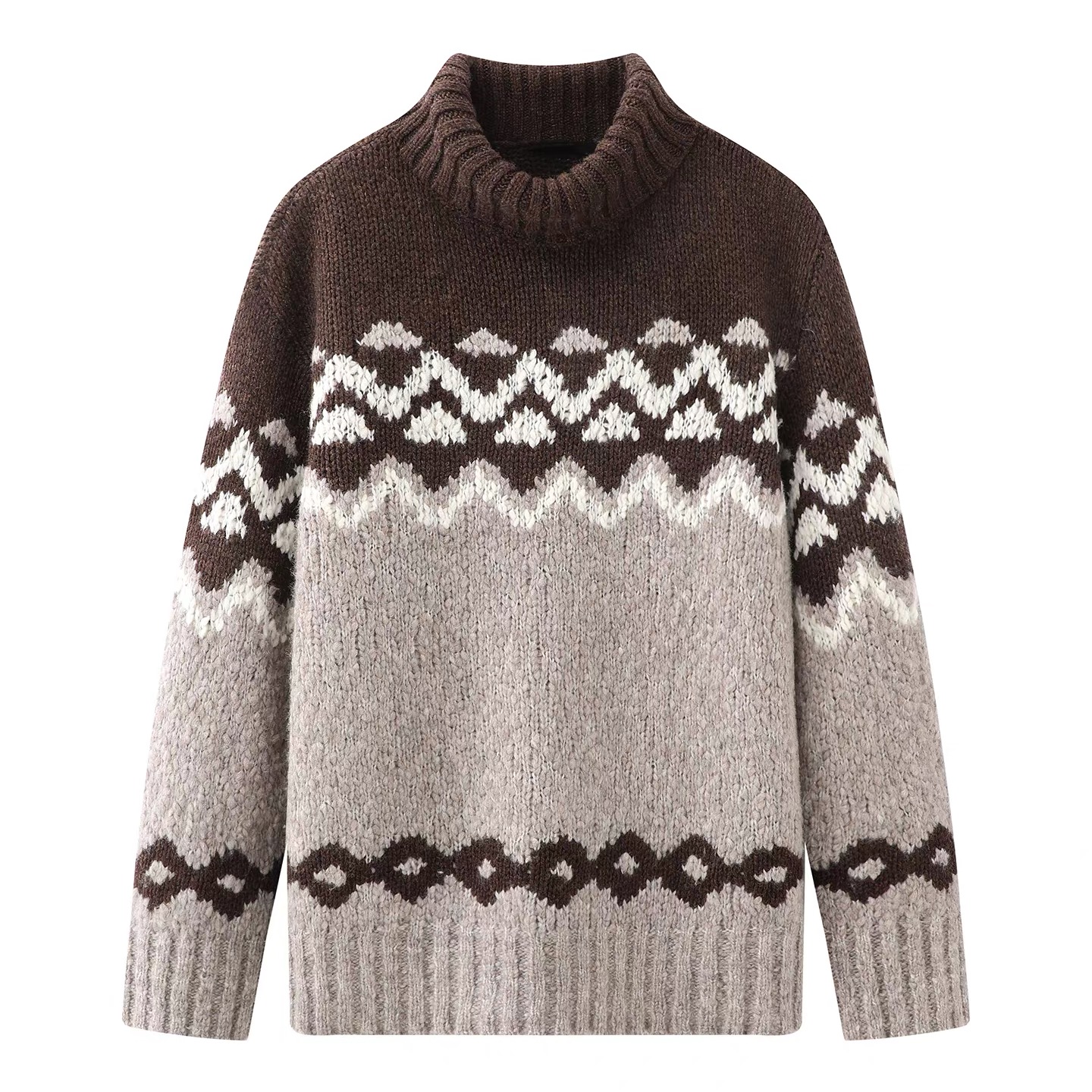 【花纹】秋冬新款复古百搭费尔岛提花拼色高领套头毛针织衫3094