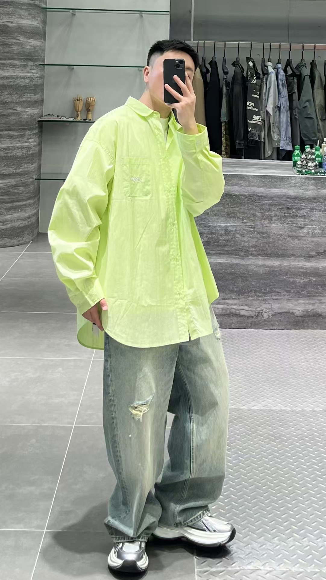 绿色宽松长袖衬衫休闲百搭多巴胺穿搭情侣款潮流上衣