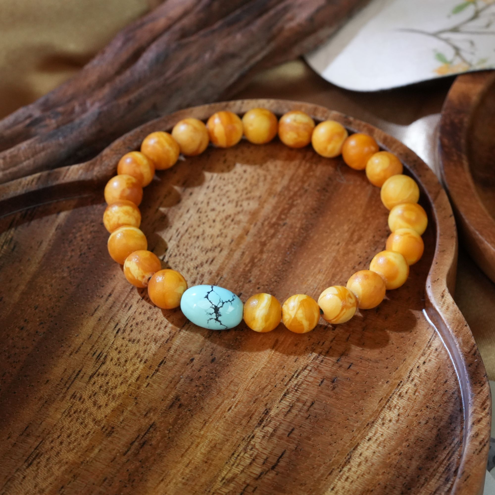 【虫二原创】8mm+高瓷绿松枣珠蜜蜡橘皮妖花纹圆珠设计手串手链叠戴